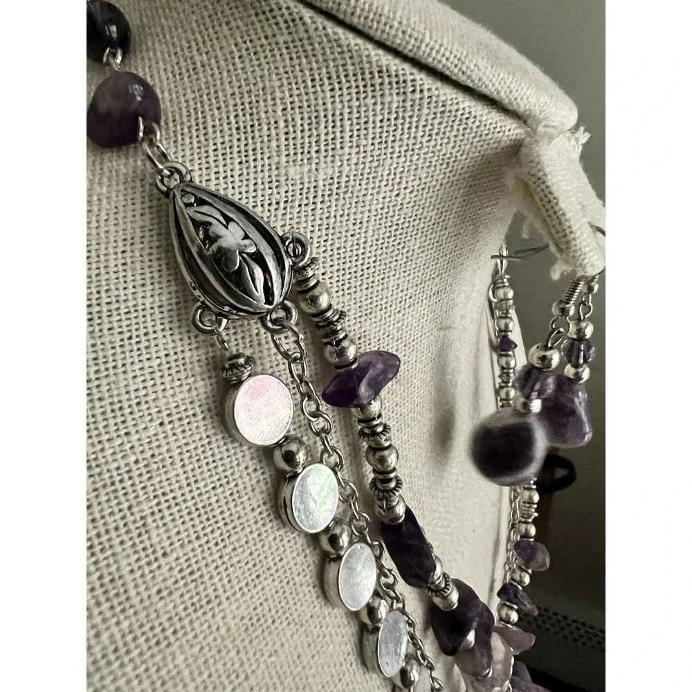 Genuine Amethyst Triple Layer Statement Necklace And Earrings Set 19